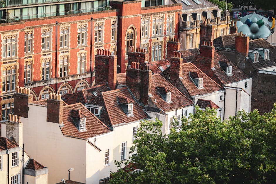 A row of small residential houses with red brick and white painted exteriors, pitched tiled roofs, and multiple chimneys in the foreground, situated below a larger, ornate red-brick building with tall windows and decorative architectural details. The houses are aligned along a paved area, with some visible doorways and windows, and a green leafy tree partially obscures the lower part of the scene. The image appears to be taken outdoors during daylight, with natural lighting highlighting the texture and color of the buildings. This setting reflects typical urban residential architecture, relevant to home relocation or moving services, such as those offered by Man With a Van Putney, involved in furniture transport or packing and moving activities.