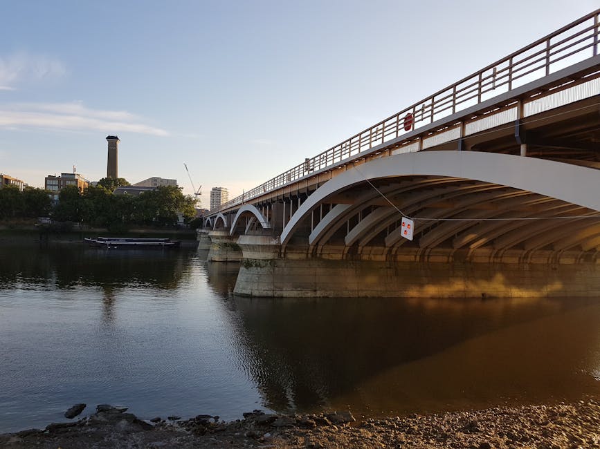 A view of a modern, white arch bridge over a calm river during daylight, with a clear blue sky above and a few scattered clouds. The bridge features multiple curved supports and a safety railing along