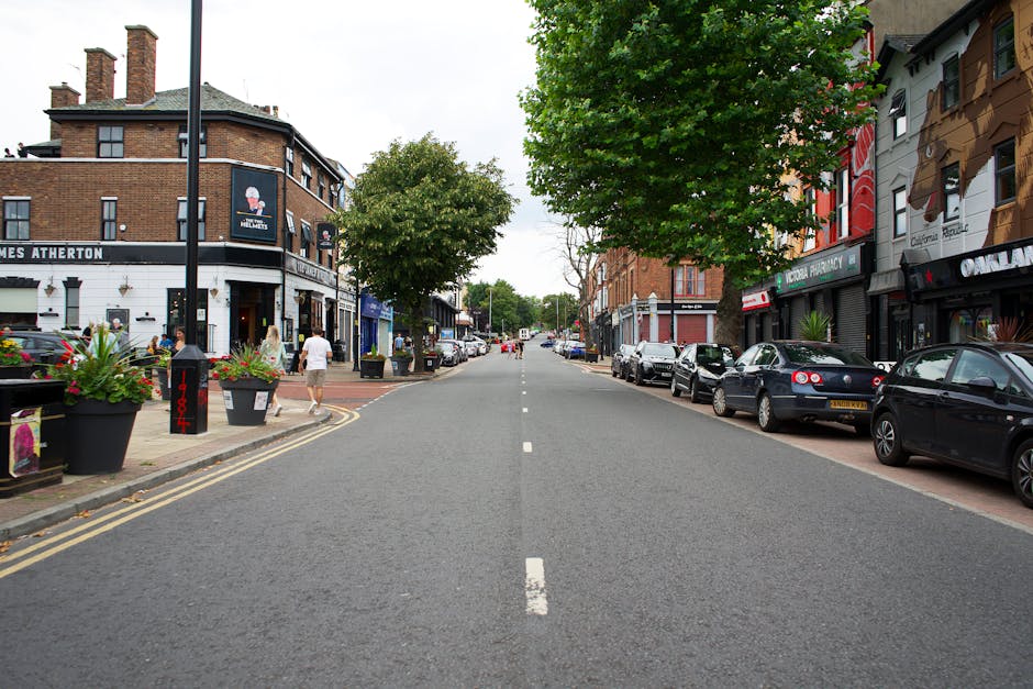 A straight street scene showing a residential and commercial area in Putney, with parked cars lining both sides of the road and pedestrians walking along the pavement. The street is paved with asphalt and has white dashed lane markings in the centre. On the left side, there is a white building with a black sign, along with large flower pots containing colorful flowers placed on the pavement. On the right side, a row of buildings with shopfronts and storefront signage is visible, including a pharmacy. Several vehicles, such as a black hatchback, a silver sedan, and a dark blue car, are parked along the street on both sides. The street is flanked by trees with lush green foliage, providing partial shade to the area. This scene exemplifies typical urban street activity suitable for home relocation and furniture transport services, with the environment prepared for loading or unloading in the context of house removals, as handled by Man With a Van Putney.